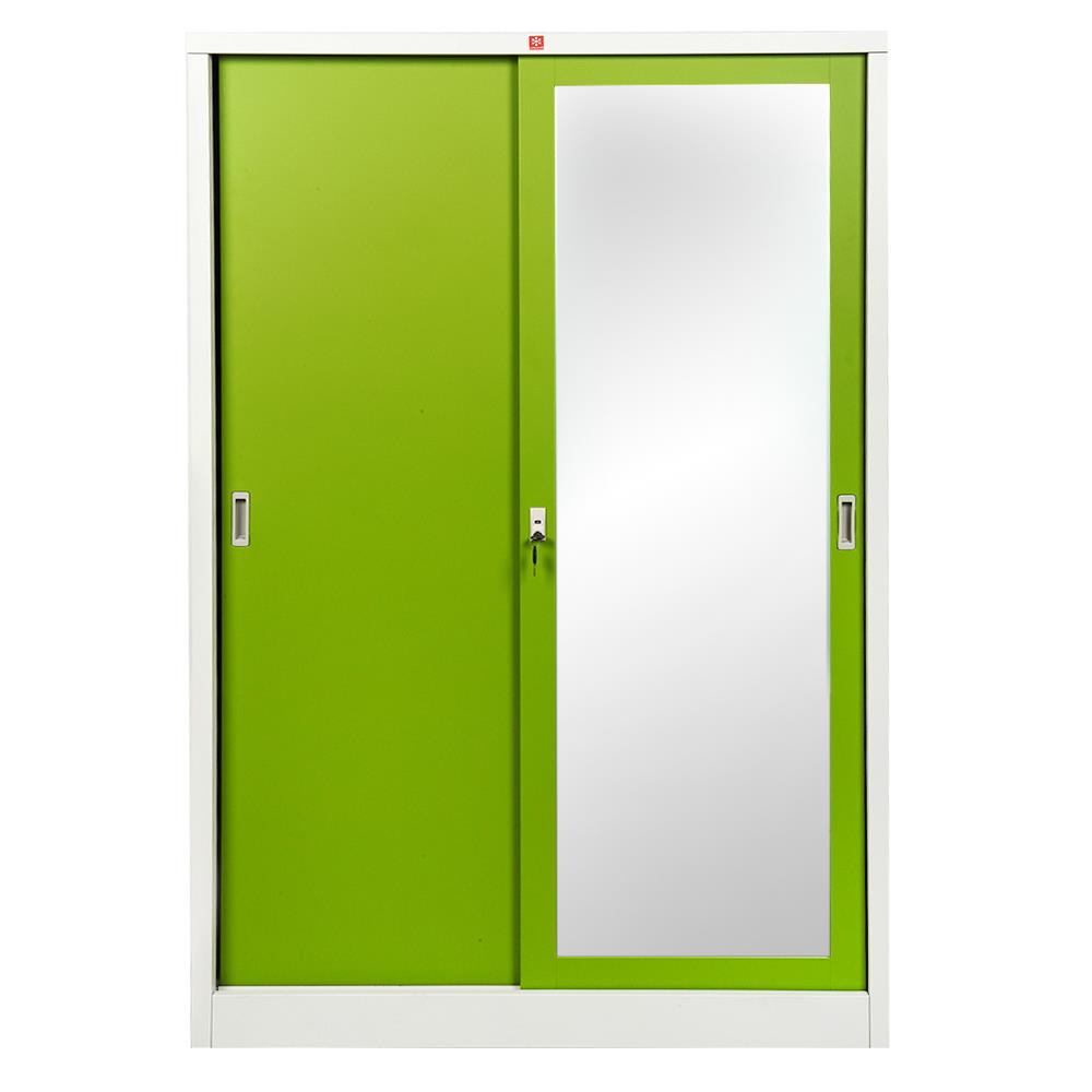 ตู้เสื้อผ้าเหล็กบานเลื่อนผสมกระจกเงา LUCKY WORLD KVS-126K-GG 118.8 ซม. สีเขียว