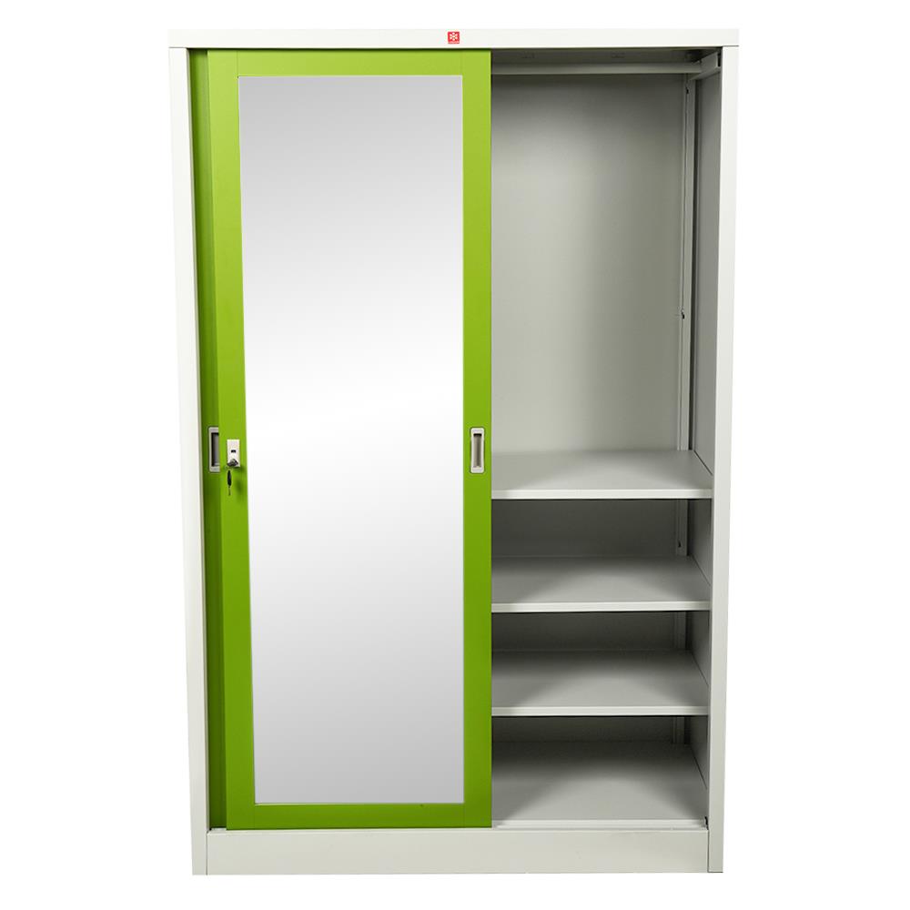 ตู้เสื้อผ้าเหล็กบานเลื่อนผสมกระจกเงา LUCKY WORLD KVS-126K-GG 118.8 ซม. สีเขียว