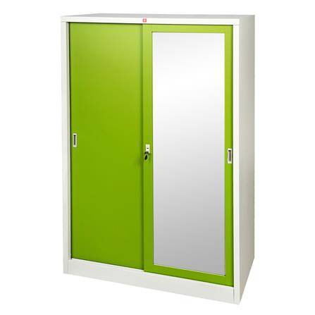 ตู้เสื้อผ้าเหล็กบานเลื่อนผสมกระจกเงา LUCKY WORLD KVS-126K-GG 118.8 ซม. สีเขียว
