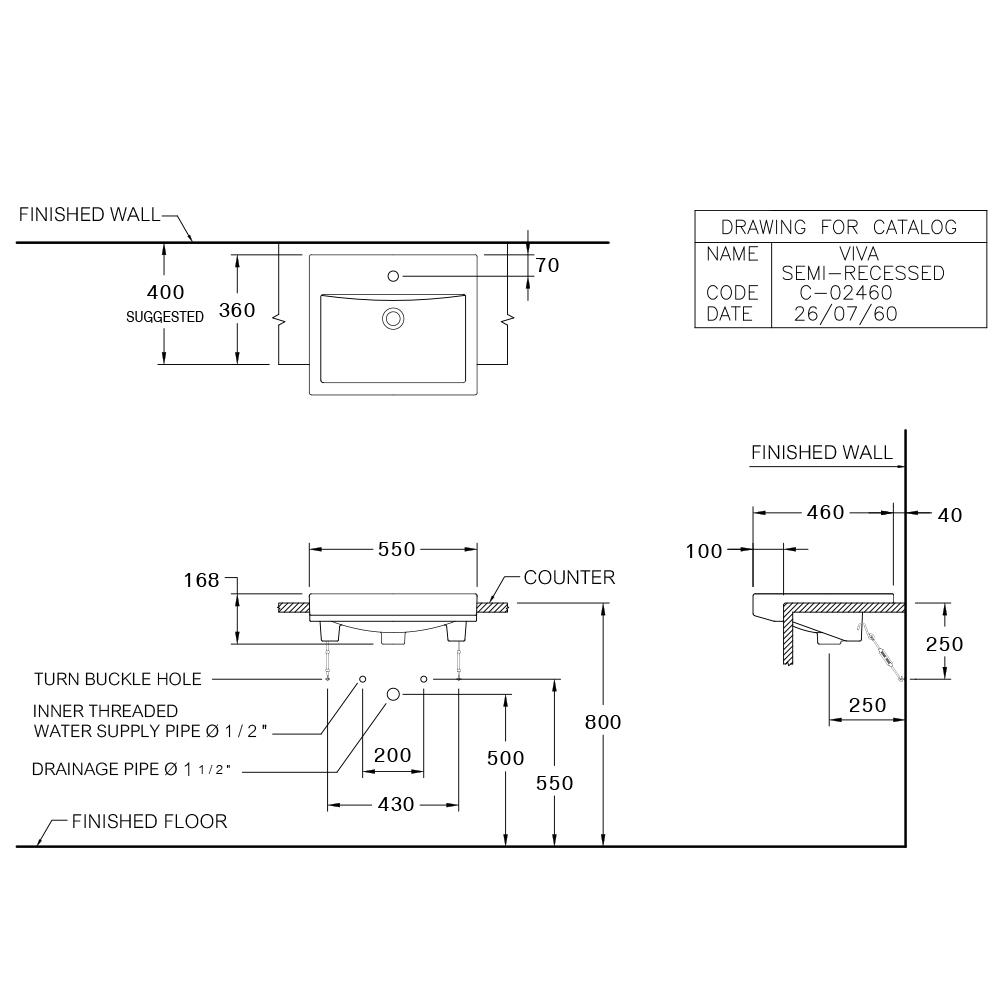 อ่างล้างหน้าฝังครึ่งเคาน์เตอร์ COTTO C02460 สีขาว