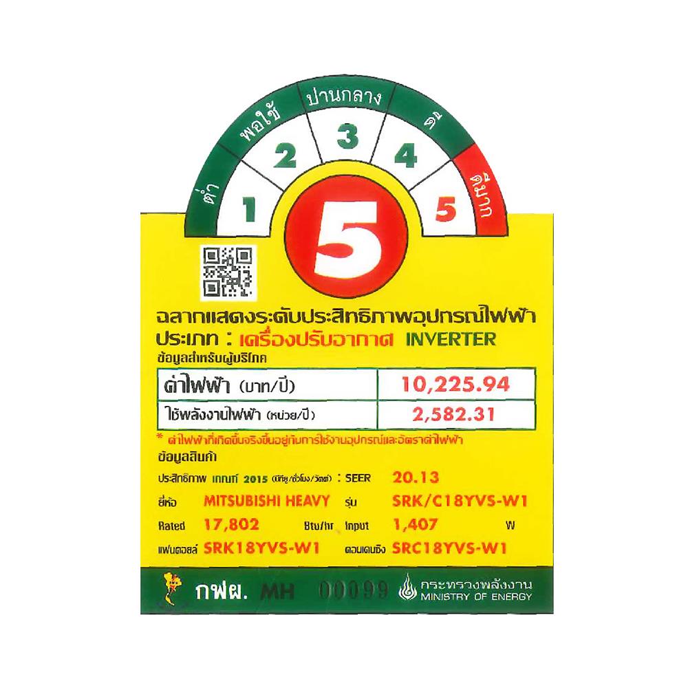 แอร์ผนัง MITSUBISHI HEAVY DUTY SRK18YVS-W 17802 บีทียู อินเวอร์เตอร์