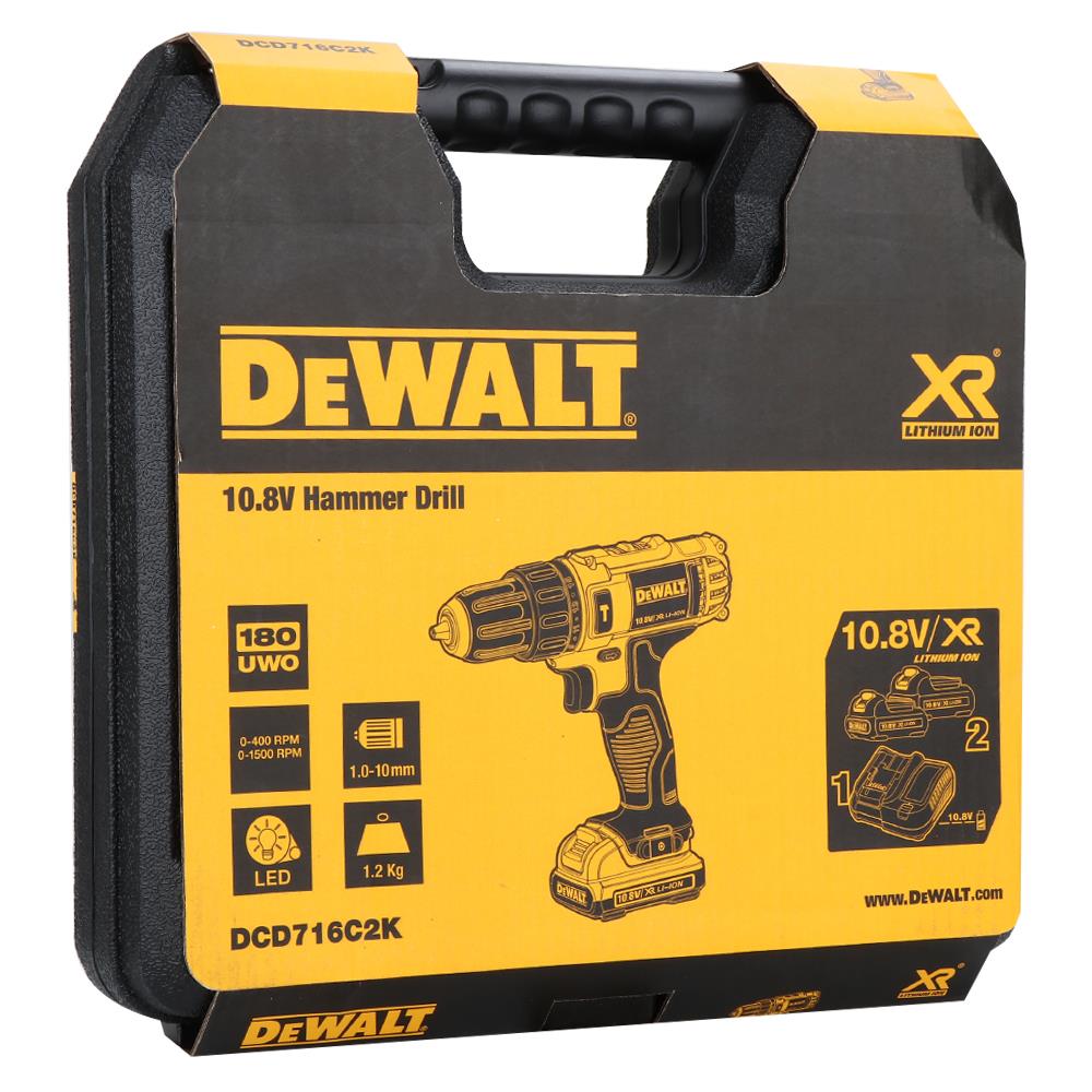 สว่านกระแทกไร้สาย (พร้อมแบตเตอรี่) DEWALT DCD716C2K-B1 10.8 โวลต์