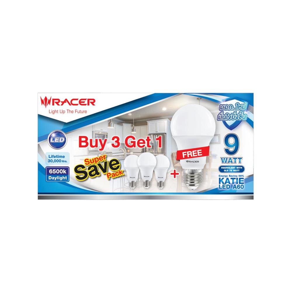 หลอด LED RACER KATIE A60 9 วัตต์ DAYLIGHT E27 (แพ็ก 4 ชิ้น)