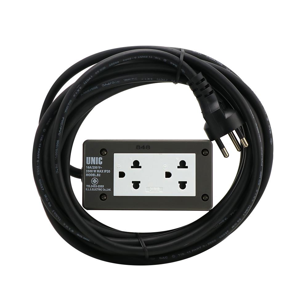 บล็อกยาง 2x4 พร้อมสาย VCT 3x1.5 2 ช่อง UNIC B2-2 5 เมตร สีเทา