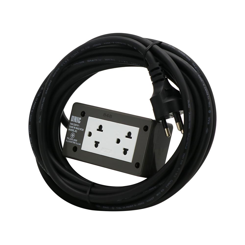 บล็อกยาง 2x4 พร้อมสาย VCT 3x1.5 2 ช่อง UNIC B2-2 5 เมตร สีเทา