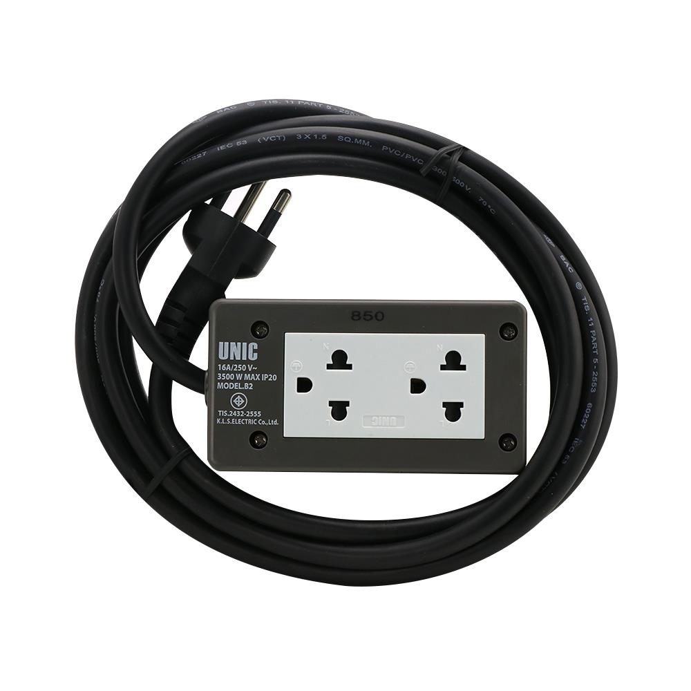 บล็อกยาง 2x4 พร้อมสาย VCT 3x1.5 2 ช่อง UNIC B2-1 3 เมตร สีเทา