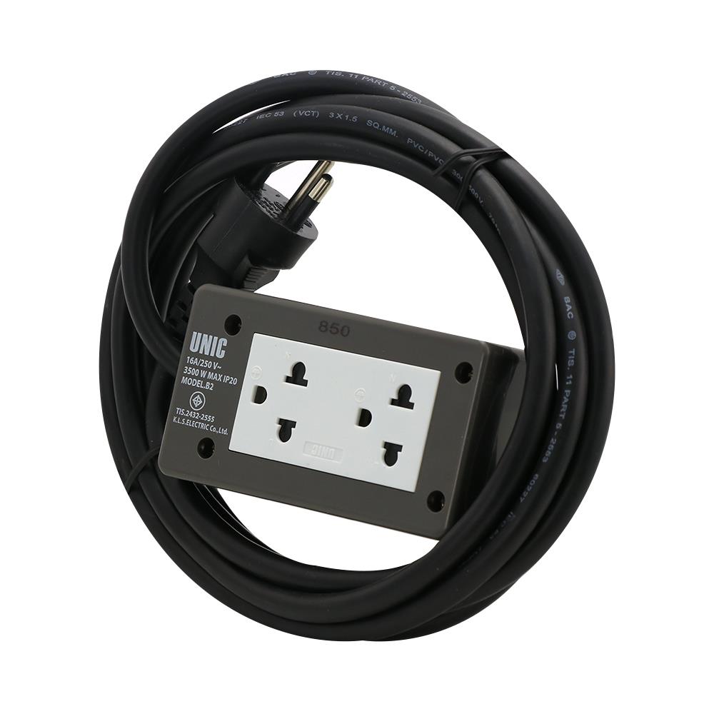 บล็อกยาง 2x4 พร้อมสาย VCT 3x1.5 2 ช่อง UNIC B2-1 3 เมตร สีเทา