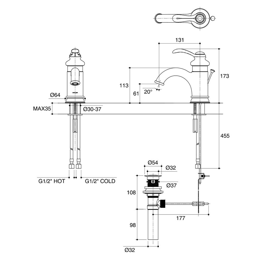 ก๊อกอ่างล้างหน้าผสม KOHLER FAIRFAX K-8657T-B-BN สีนิกเกิลปัดลาย