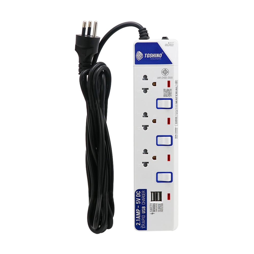 รางปลั๊กไฟ 3 ช่อง 3 สวิตซ์ 2 USB TOSHINO ET-913 3 ม.