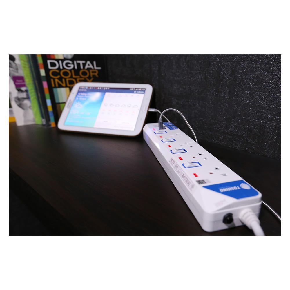 รางปลั๊กไฟ 4 ช่อง 4 สวิตช์ 2 USB TOSHINO ET-914 3 ม.