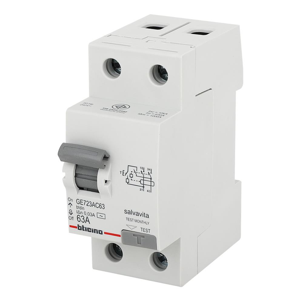 เมนเซอร์กิตเบรกเกอร์ 63 แอมป์ พร้อมกันไฟดูด/กันไฟรั่ว 2 โพล 1 เฟส BTICINO GE723