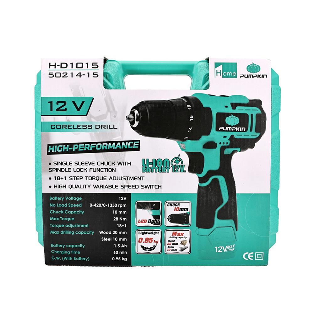 สว่านไร้สาย (พร้อมแบตเตอรี่) PUMPKIN 50214-15 H-D1015 12 โวลต์