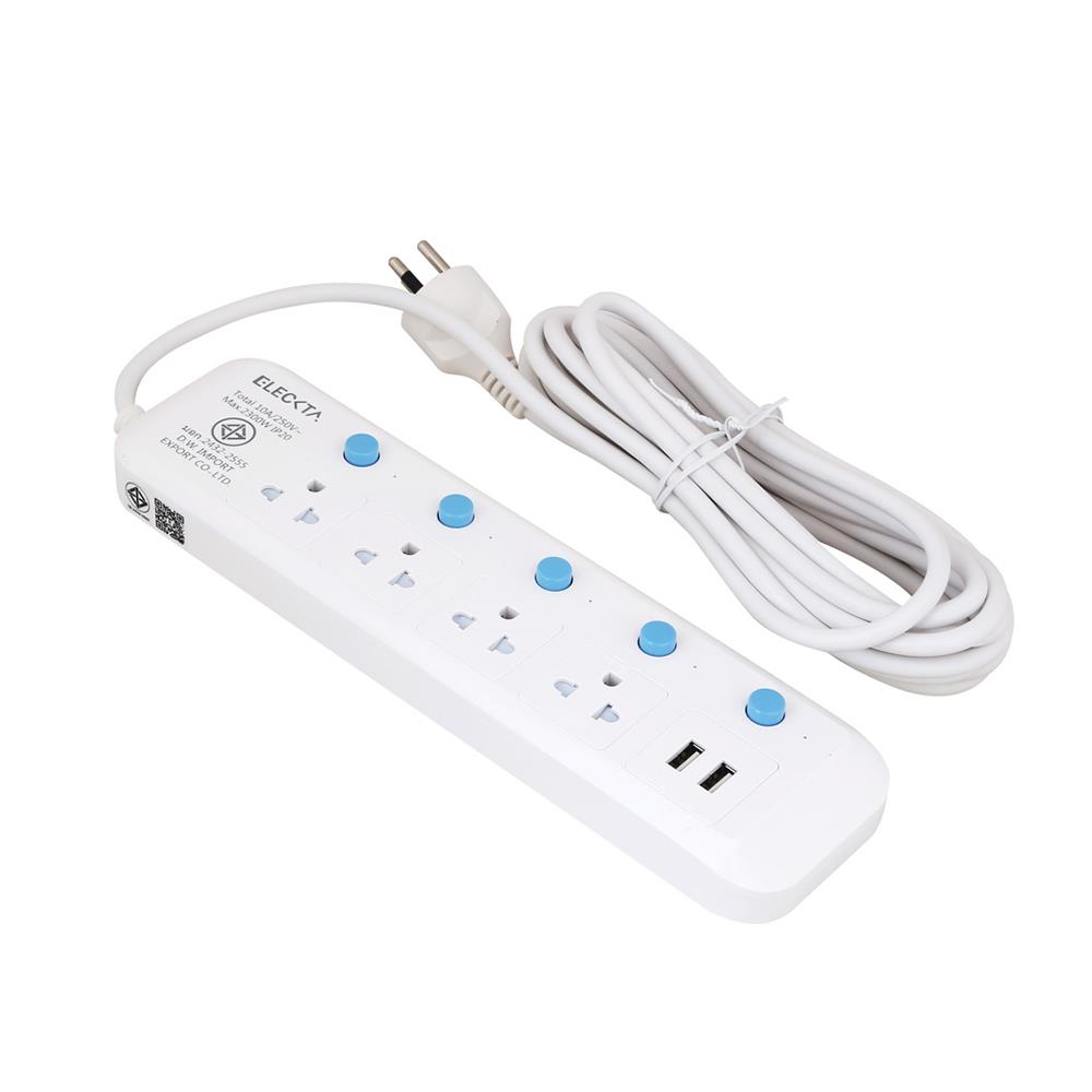 รางปลั๊กไฟ 4 ช่อง 5 สวิตช์ 2 USB ELECKTA 815UELEK 3 ม.