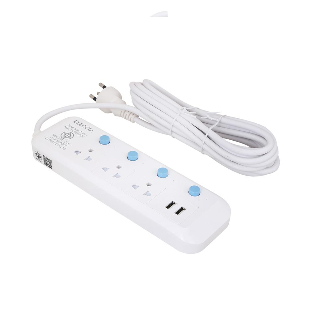 รางปลั๊กไฟ 3 ช่อง 4 สวิตช์ 2 USB ELECKTA 814UELEK 5 ม.