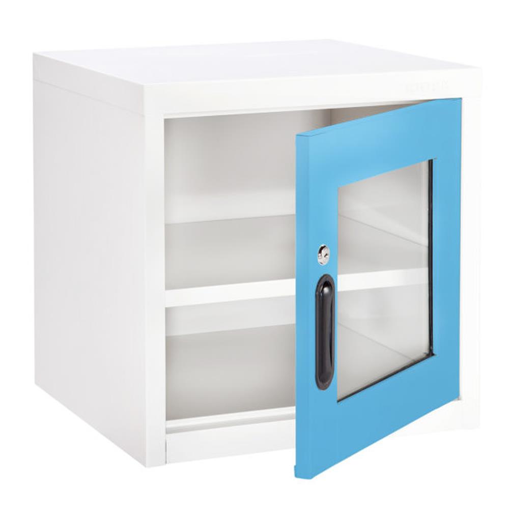 ตู้เหล็กบานเปิดกระจก KIOSK UNI-2 สีขาว/ฟ้า