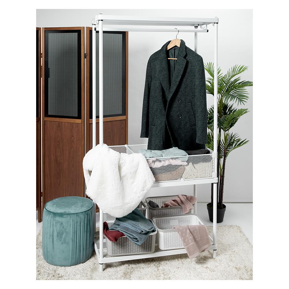 ตู้เสื้อผ้าราวแขวนชั้นวาง+ตะแกรง PLIM สีขาว