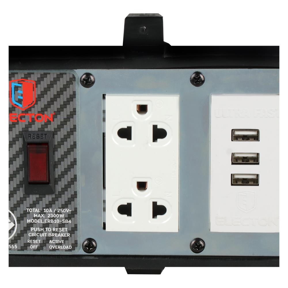 บล็อกยาง 4x4 พร้อมสาย VCT3x1 2 ช่อง 3 USB ELECTON ERB10-USB4310 10 เมตร สีสีดำ