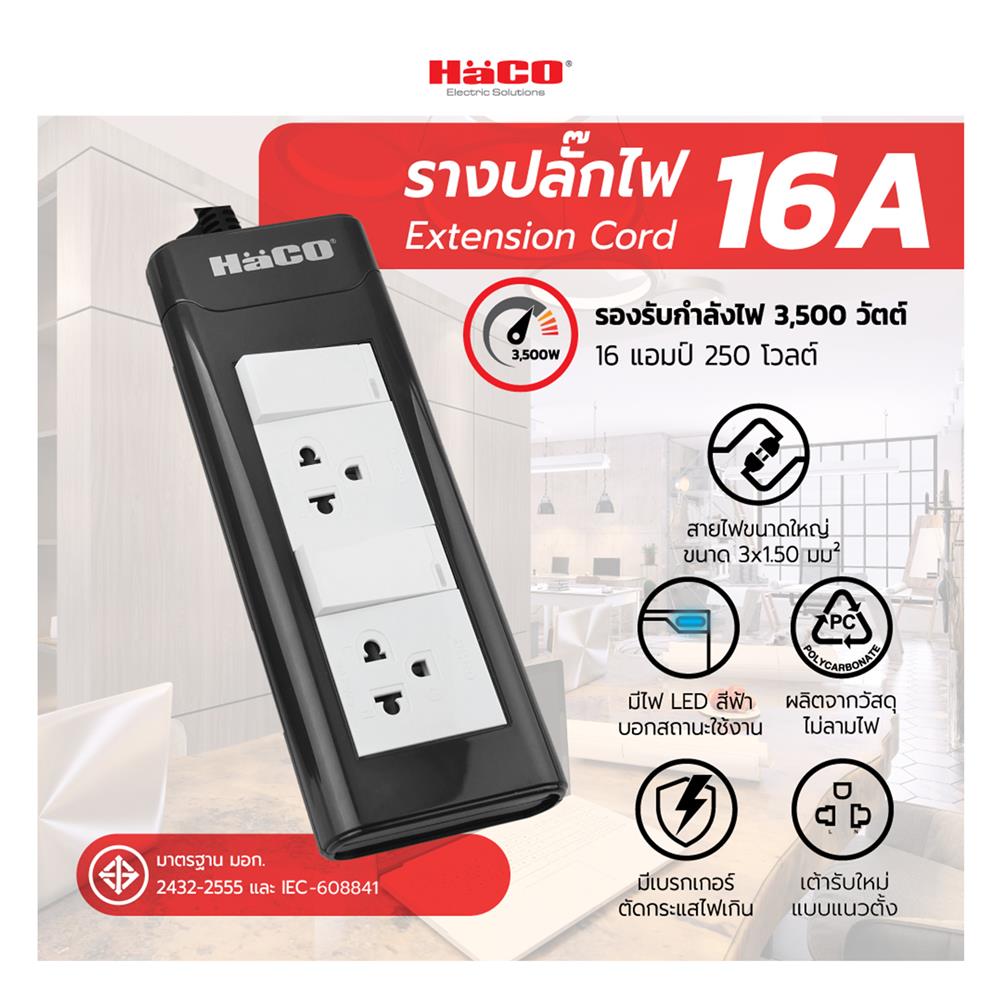 รางปลั๊กไฟ 2 ช่อง 2 สวิตซ์ HACO EPN-2S2EB/2 16 แอมป์ 2 ม.