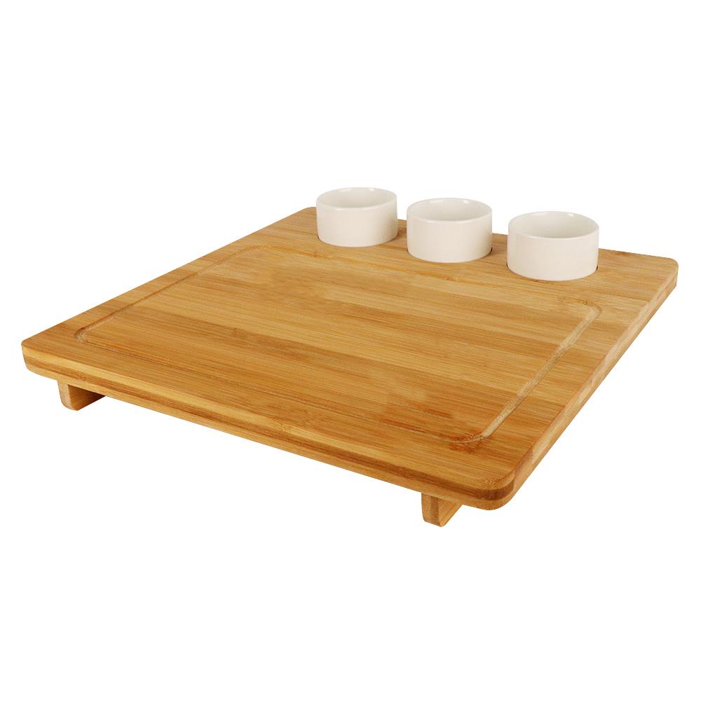 ถาดไม้ไผ่+ที่ใส่เครื่องเคียงเซรามิค 3ช่อง