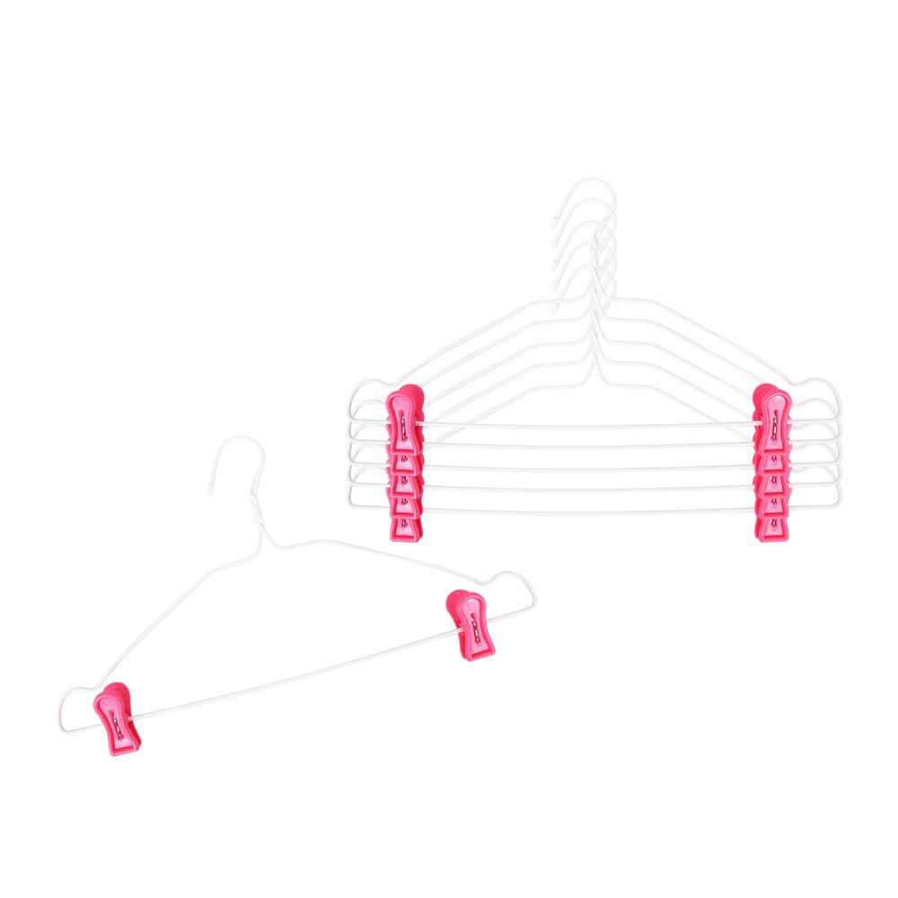 ไม้แขวนเสื้อลวดเคลือบมีตัวหนีบ มีบ่า อ.โรจน์รุ่ง สีชมพู แพ็ก 6 ชิ้น