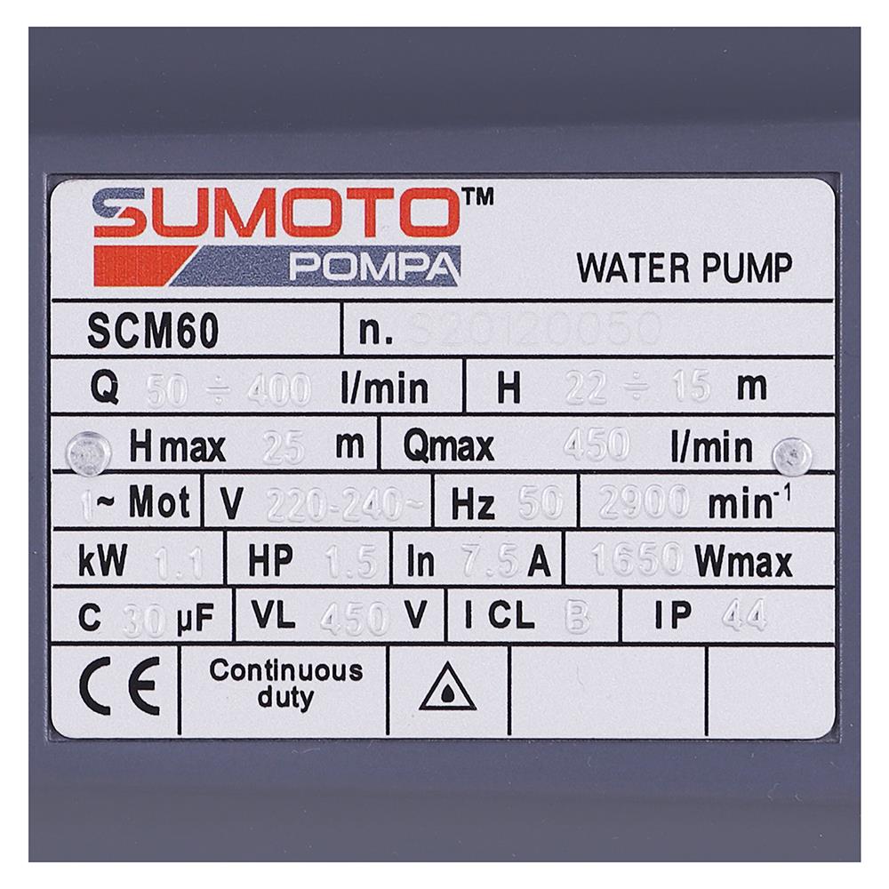 ปั๊มหอยโข่ง SUMOTO POMPA น้ำมากส่งสูง SCM60 1.5 แรงม้า