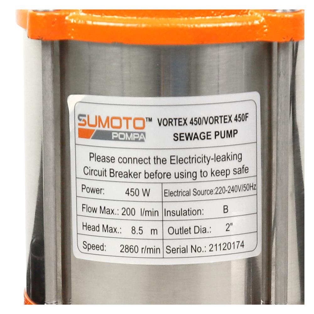ปั๊มจุ่มน้ำเสีย SUMOTO POMPA VORTEX450 450 วัตต์