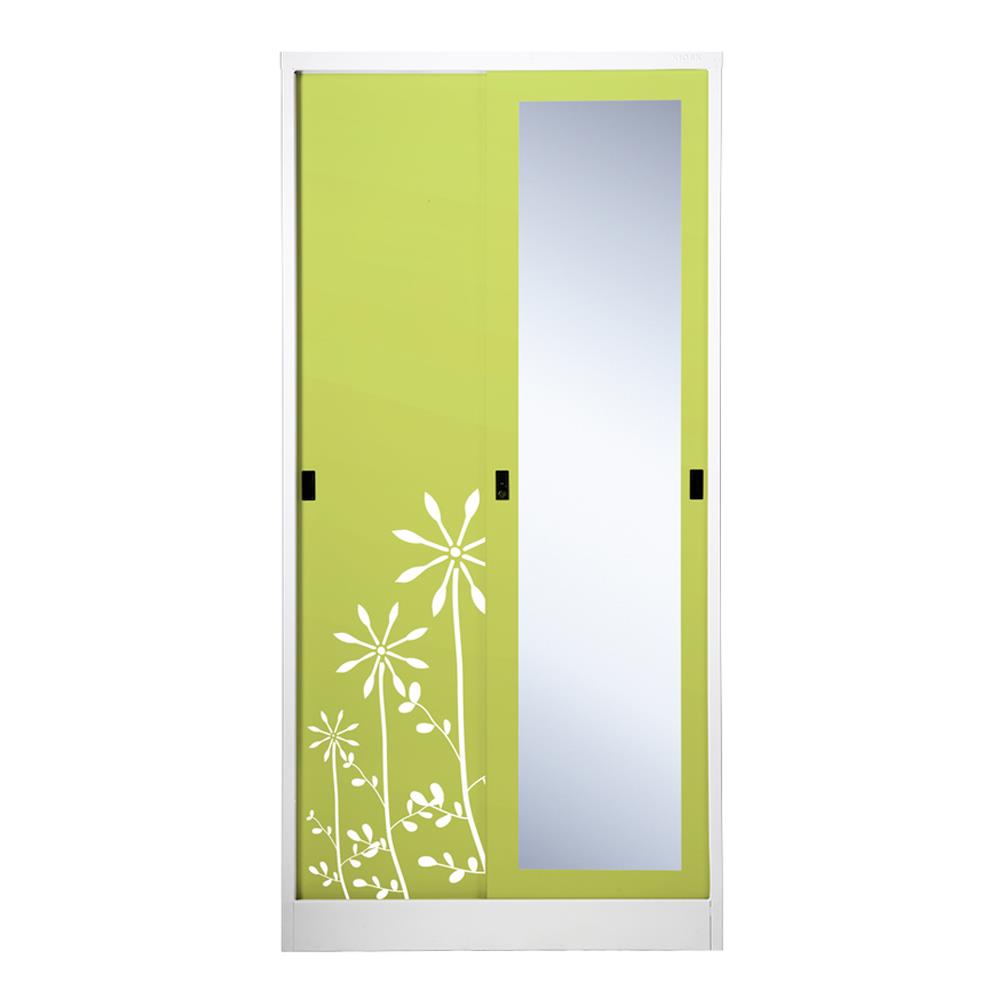 ตู้เสื้อผ้าเหล็กบานเลื่อนผสมกระจกเงา KIOSK SXW-18/I 91.4 ซม. สีเขียว