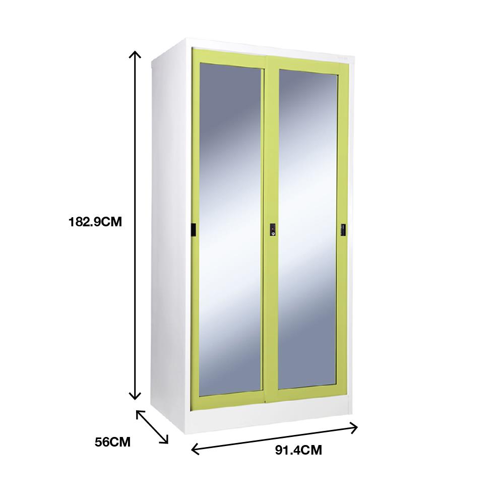 ตู้เสื้อผ้าเหล็กบานเลื่อนกระจกเงา KIOSK SXW-18/2 91.4 ซม. สีเขียว