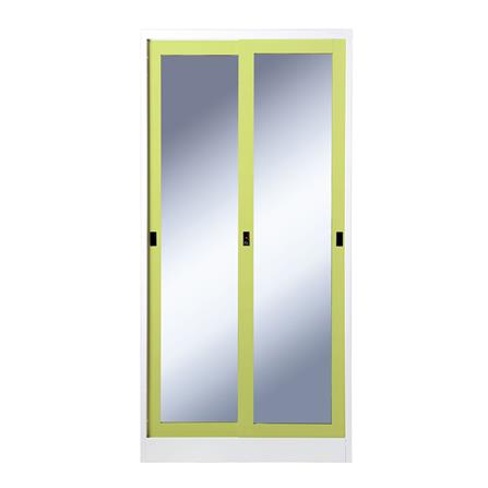 ตู้เสื้อผ้าเหล็กบานเลื่อนกระจกเงา KIOSK SXW-18/2 91.4 ซม. สีเขียว