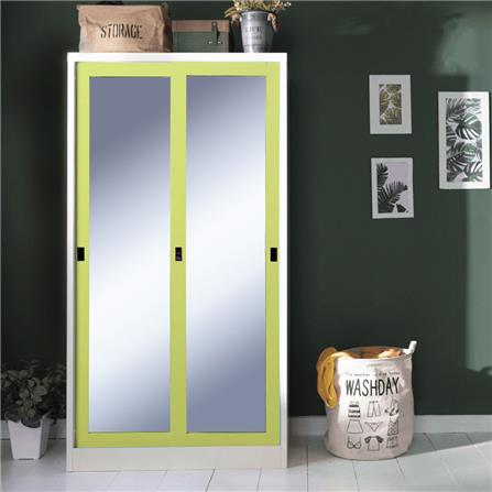 ตู้เสื้อผ้าเหล็กบานเลื่อนกระจกเงา KIOSK SXW-18/2 91.4 ซม. สีเขียว_2
