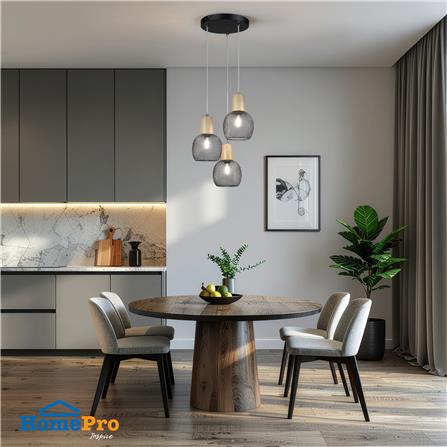 โคมไฟช่อ CARINI MODERN LP9601BK โลหะ/ไม้ สีดำ/ลายไม้ 3 หัว_3