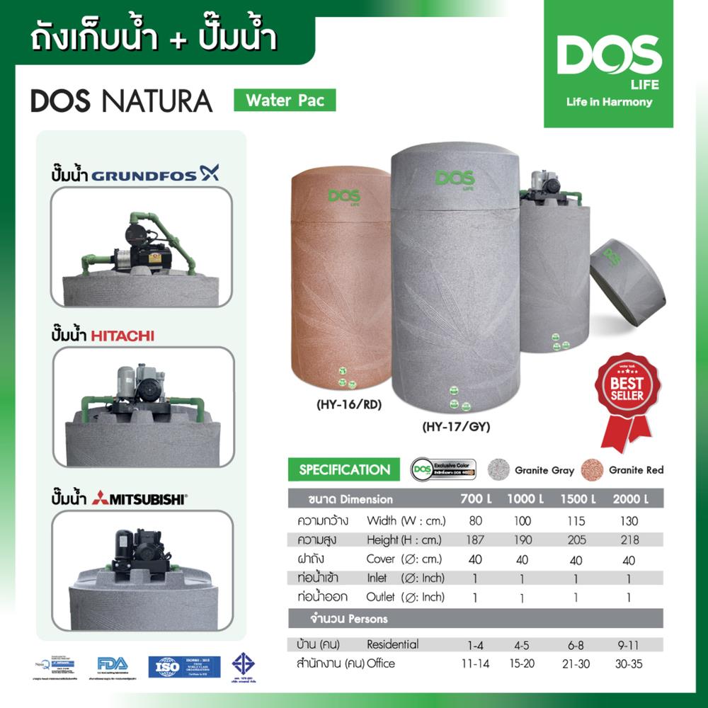 ถังเก็บน้ำ DOS WATER PAC SERIES 1500 ลิตร+ปั๊มน้ำ GRUNDFOS CMB5-46PM1 สี OXFORD GREY GRANITE