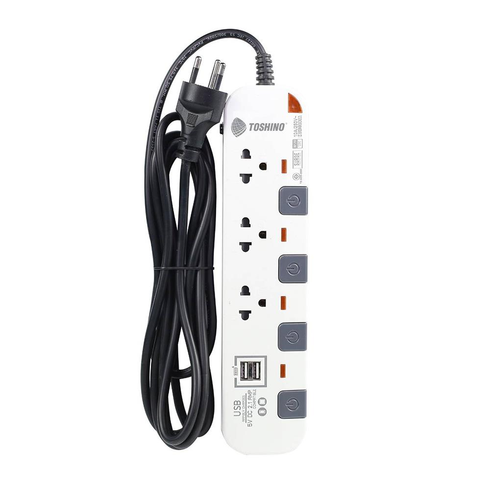 รางปลั๊กไฟ 3 ช่อง 4 สวิตซ์ 2 USB TOSHINO P3375USB WG 5 ม. สีขาว-เทา