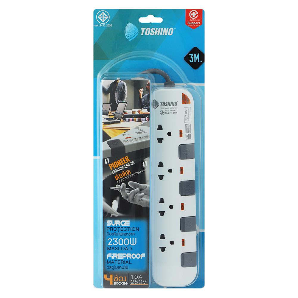 รางปลั๊กไฟ 4 ช่อง 4 สวิตซ์ TOSHINO P4375 3 ม. สีขาว-เทา