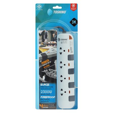 รางปลั๊กไฟ 4 ช่อง 4 สวิตซ์ TOSHINO P4375 3 ม. สีขาว-เทา_2