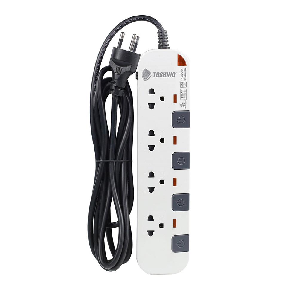 รางปลั๊กไฟ 4 ช่อง 4 สวิตช์ TOSHINO P4375 WG 5 ม. สีขาว-เทา