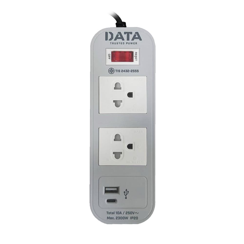 รางปลั๊กไฟ 2 ช่อง 1 สวิตช์ 1 USB 1TYPE-C DATA WL124 16A 2M สีเทา