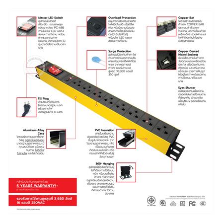 รางปลั๊กไฟ 8ช่อง 1สวิตซ์ POWERCONNEX  PHTTS-TS08 16A 3 ม._5