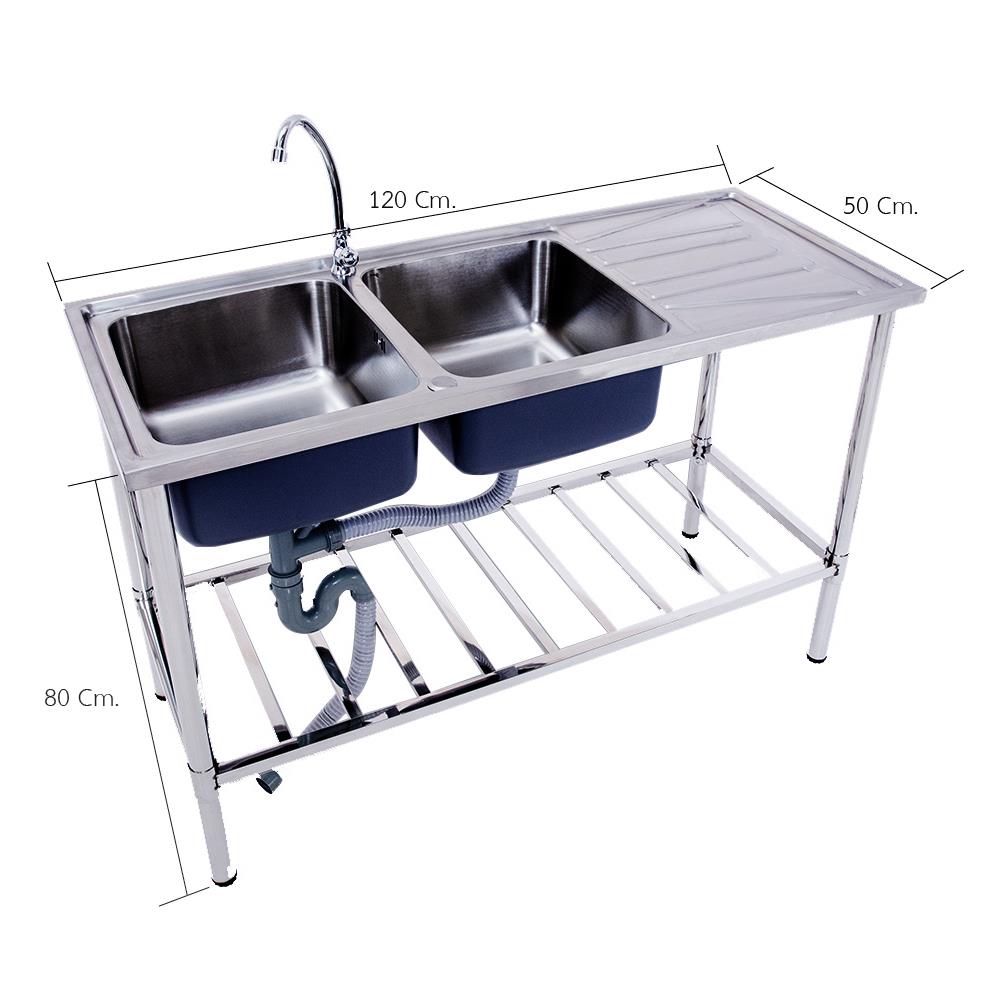 ซิงค์ขาตั้ง 2หลุม 1ที่พัก LUCKY FLAME STS-1256 สเตนเลส