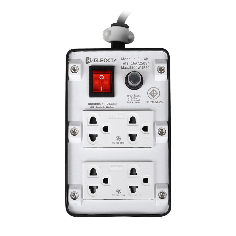 บล็อกยาง 4x4 พร้อมสาย VCT3x1.5 4ช่อง 1สวิตช์ ELECKTA 10 เมตร สีดำ