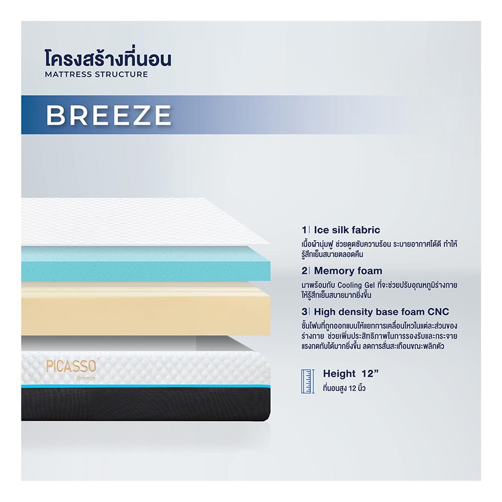 ที่นอนเมมโมรี่โฟม 6 ฟุต PICASSO COMFORT รุ่น BREEZE พร้อมชุดเครื่องนอน 11 ชิ้น