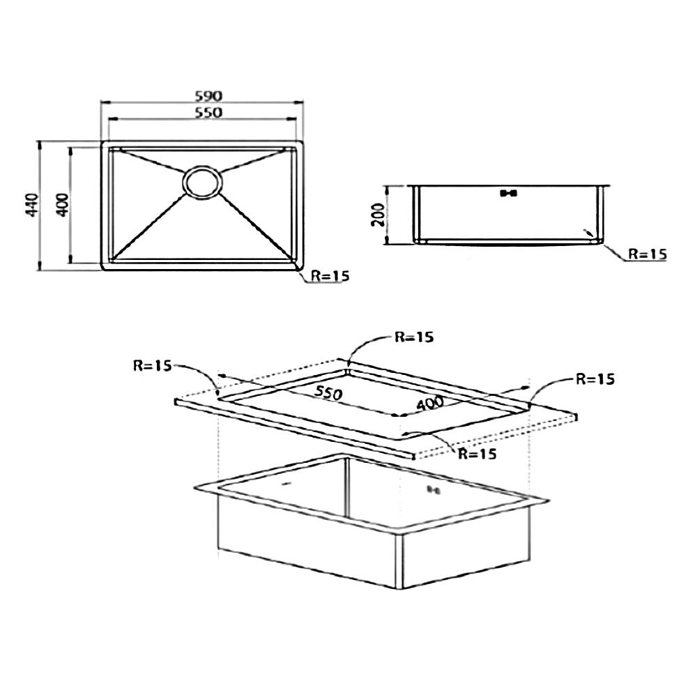 ซิงค์ฝังสแควร์ 1หลุม MEX BSC55 สเตนเลส
