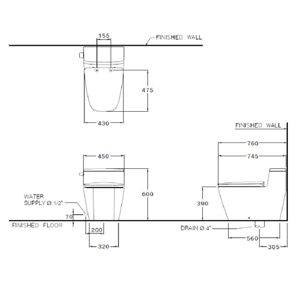 สุขภัณฑ์ 1 ชิ้น COTTO C101907 4.8L สีขาว