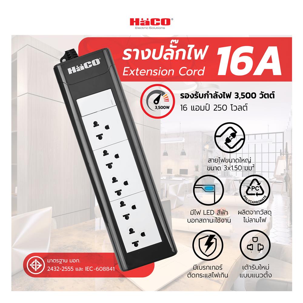 รางปลั๊กไฟ 5ช่อง 1สวิตซ์ HACO EPN-S5EB/5 16 แอมป์ 5 เมตร