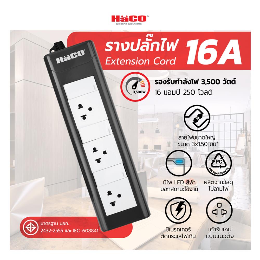 รางปลั๊กไฟ 3ช่อง 3สวิตซ์ HACO EPN-3S3EB/5 16 แอมป์ 5 เมตร