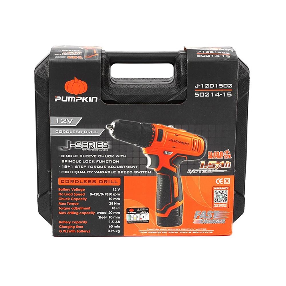 สว่านไร้สาย (พร้อมแบตเตอรี่) PUMPKIN J-12D1502 50214 12 โวลต์ แบตเตอรี่ 2 ก้อน