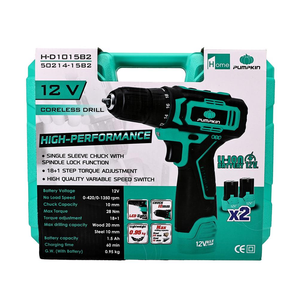 สว่านไร้สาย (พร้อมแบตเตอรี่ 2 ก้อน) PUMPKIN 50214-15B2 H-D1015B2 12 โวลต์