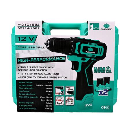 สว่านไร้สาย (พร้อมแบตเตอรี่ 2 ก้อน) PUMPKIN 50214-15B2 H-D1015B2 12 โวลต์_3