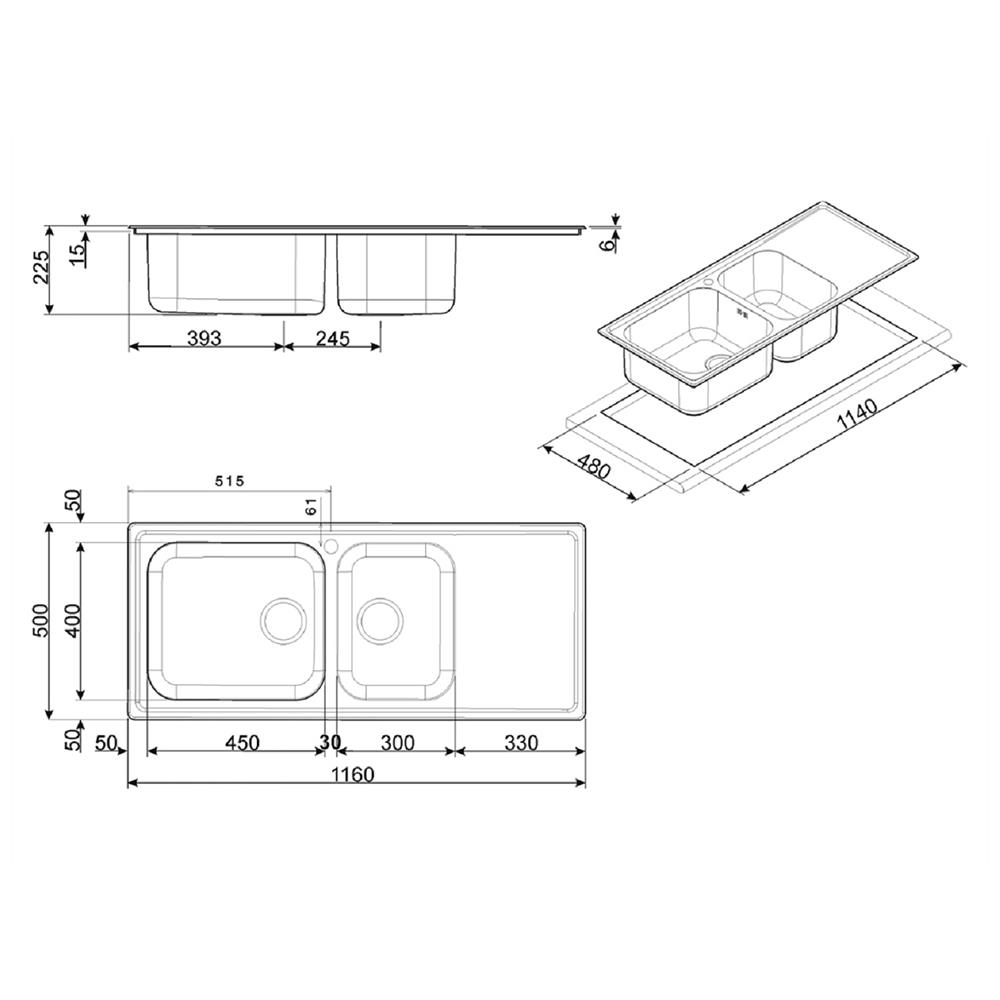 ซิงค์ฝัง 2หลุม 1ที่พัก SMEG LG116D-2 สเตนเลส