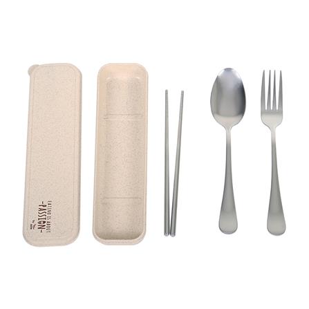 ชุดช้อนส้อมตะเกียบ+กล่องพกพา KECH PASSION สีเบจ_0